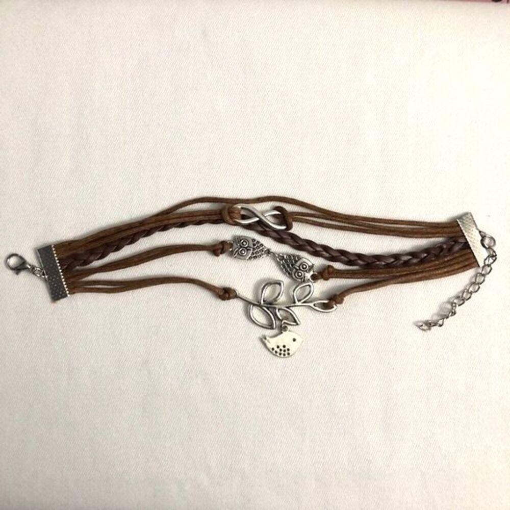 Brown Braided PU Leather Wrap Charm Bracelet
